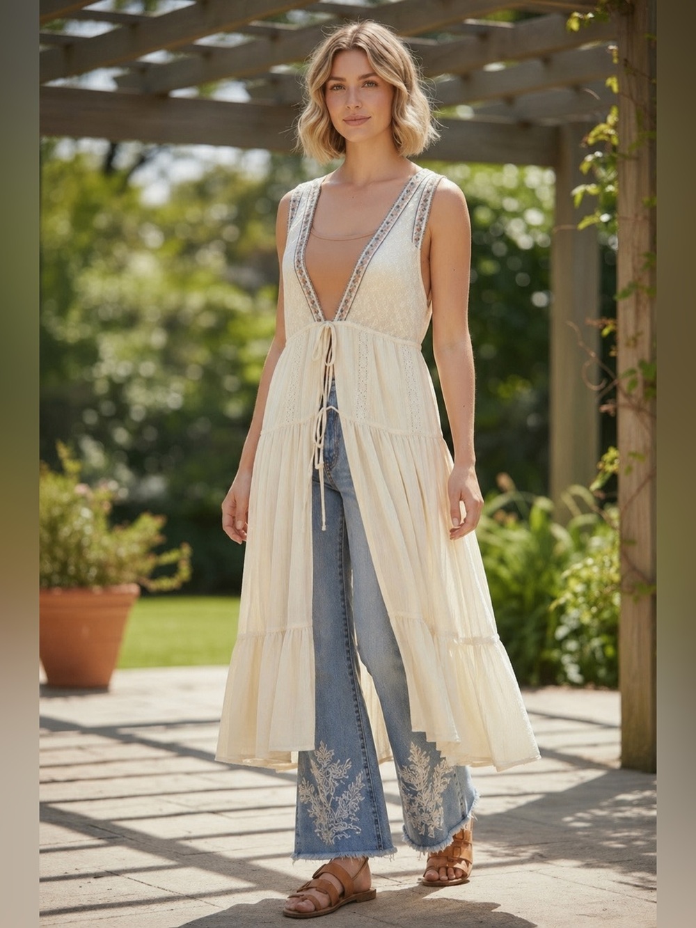 LIFE Clothing Tiered‎ boho Midi Duster sz 1X Gauze Lace Embroidered beachy